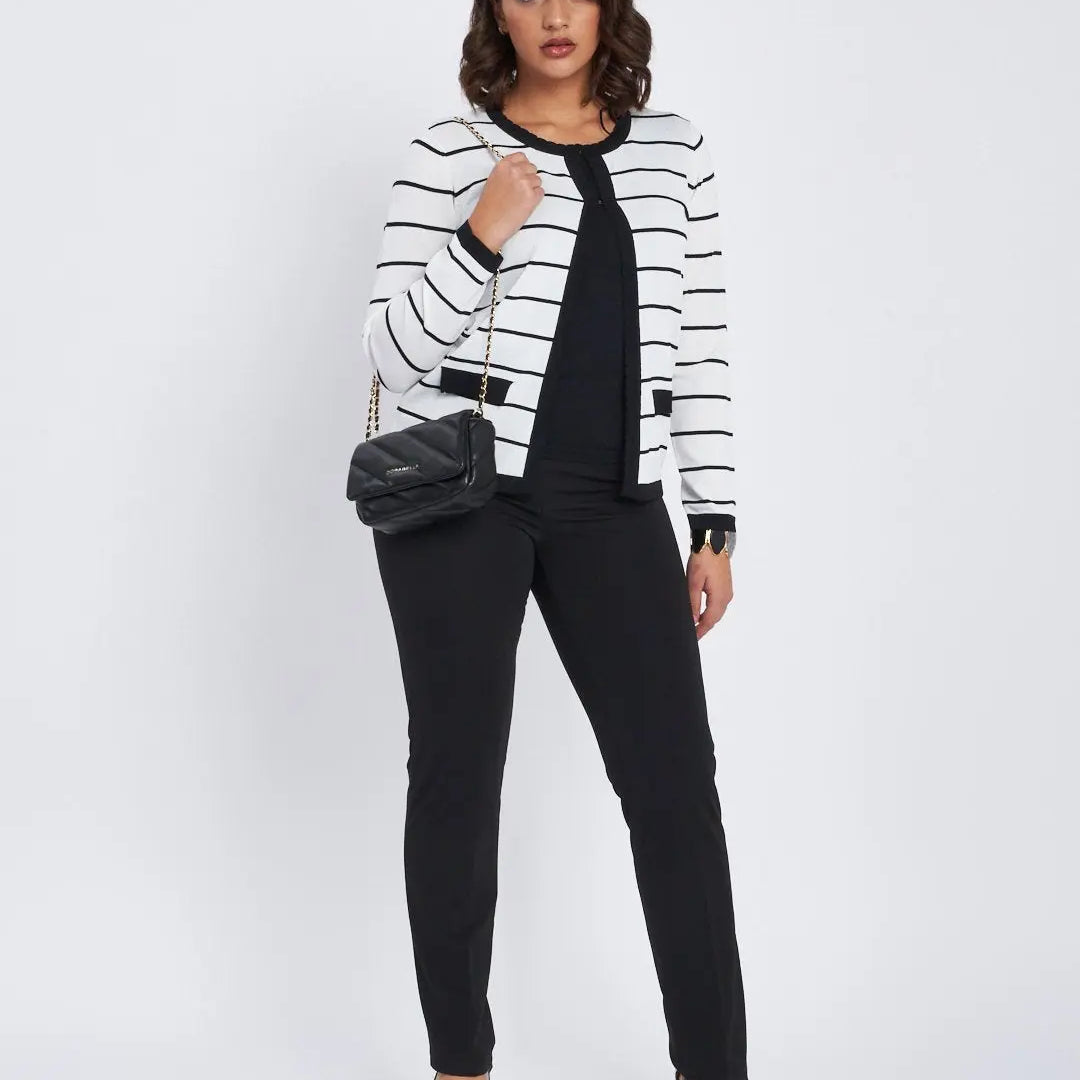 Maglia finto twin set a righe con pattine e ganci NERO DORABELLA XXL