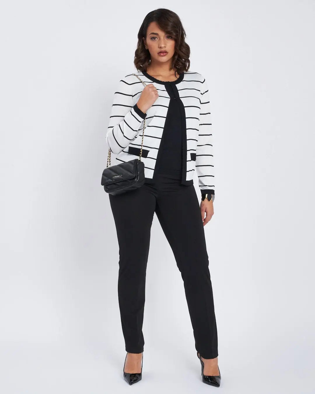 Maglia finto twin set a righe con pattine e ganci NERO DORABELLA XXL