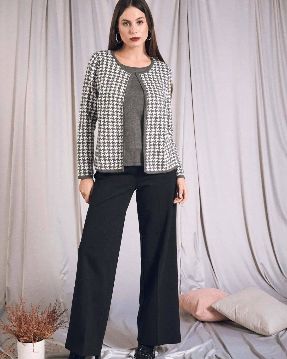 Maglia finto twinset con fantasia pied de poule GRIGIO MEDIO DORABELLA