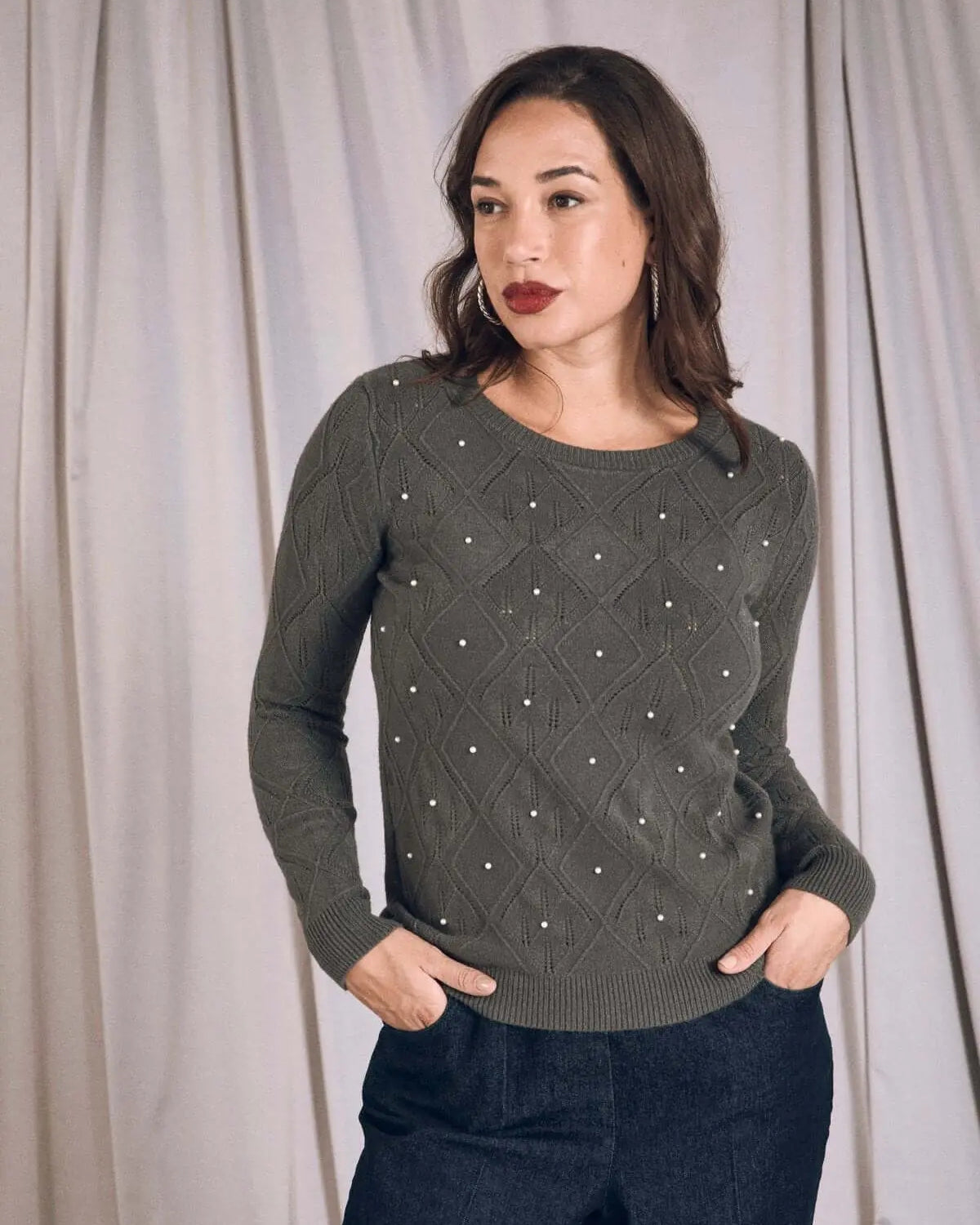 Maglia girocollo a motivo rombi e perle applicate PIOMBO DORABELLA