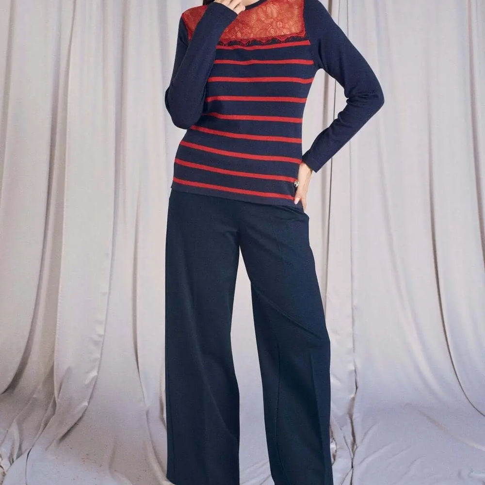 Maglia girocollo a righe bicolor con pizzo BLU DORABELLA XL