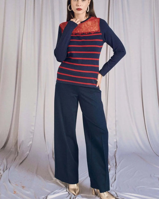 Maglia girocollo a righe bicolor con pizzo BLU DORABELLA XL