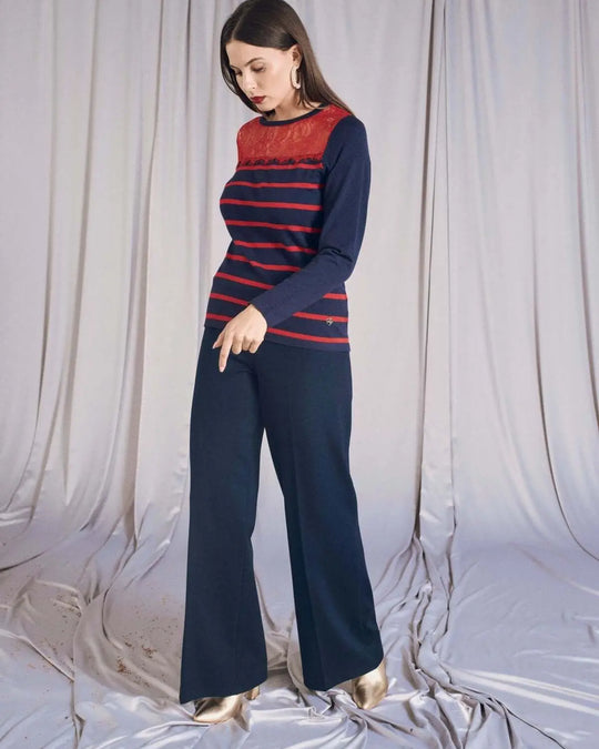 Maglia girocollo a righe bicolor con pizzo BLU DORABELLA