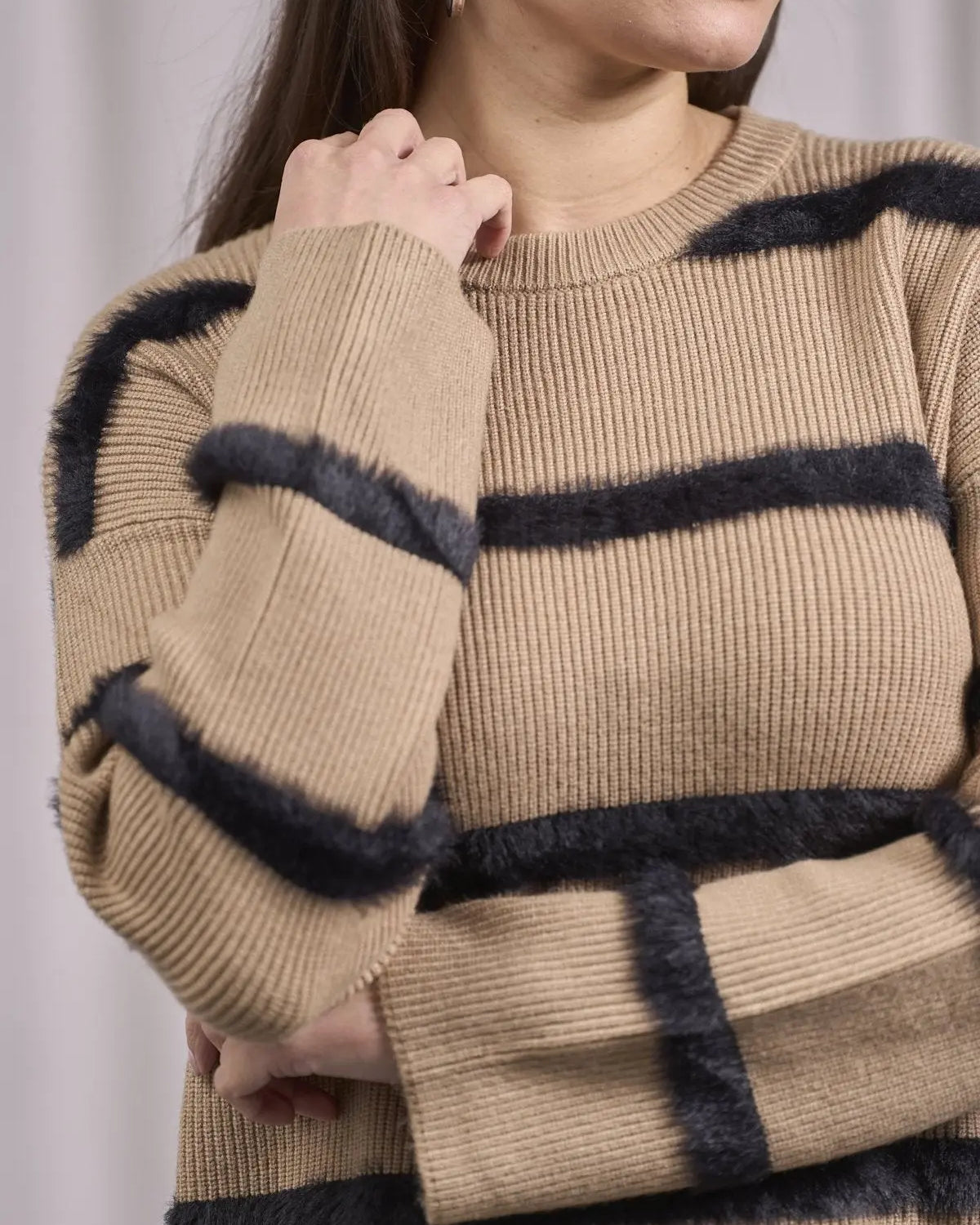 Maglia girocollo a righe con costine CAMMELLO DORABELLA XL