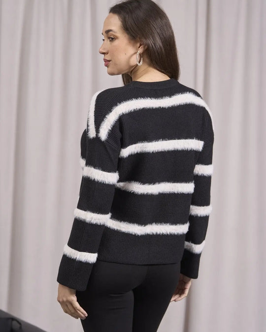 Maglia girocollo a righe con costine NERO DORABELLA