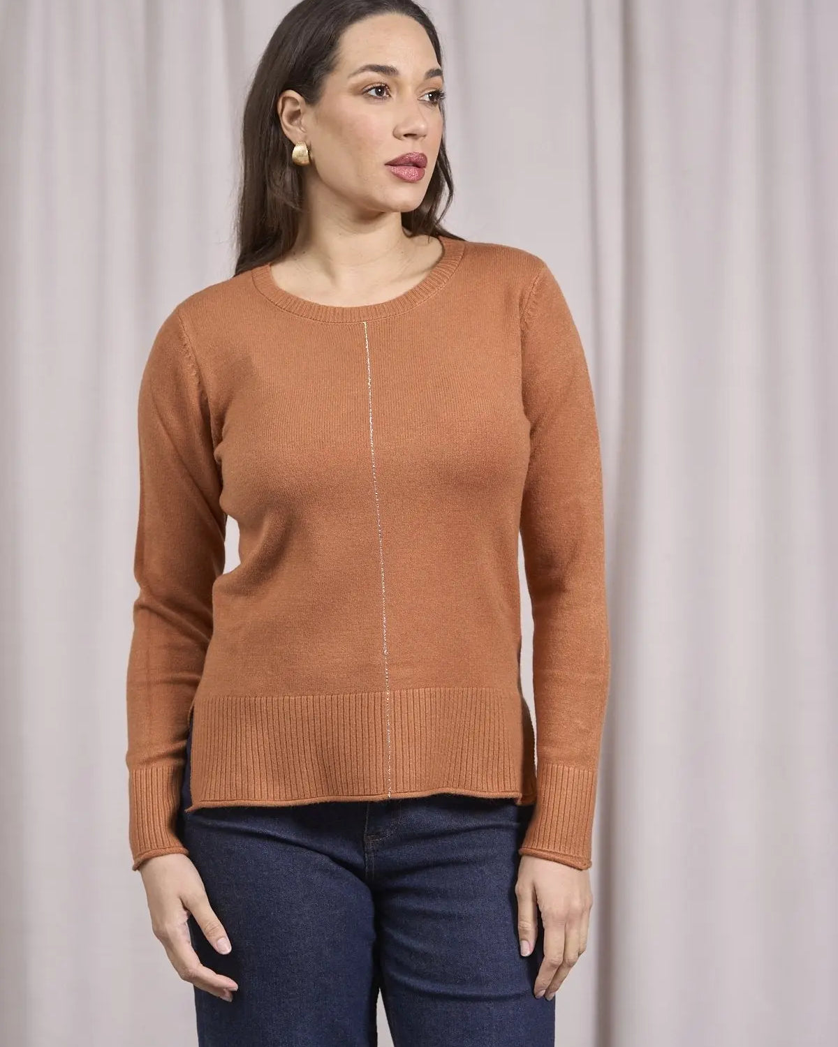 Maglia girocollo a taglio vivo con spacchi e coste MIELE DORABELLA