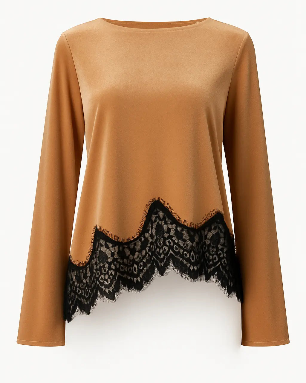 Maglia girocollo asimmetrica con inserti in pizzo IRONICA Taglia unica (44/46 o M/L) / cammello