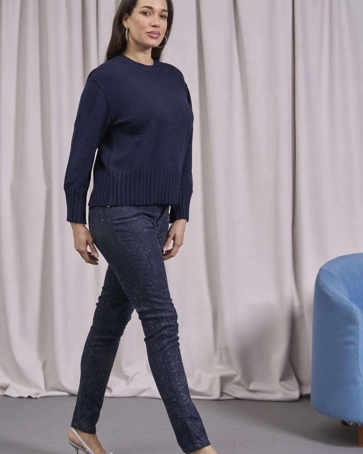 Maglia girocollo con bordi a costine larghe BLU IRONICA