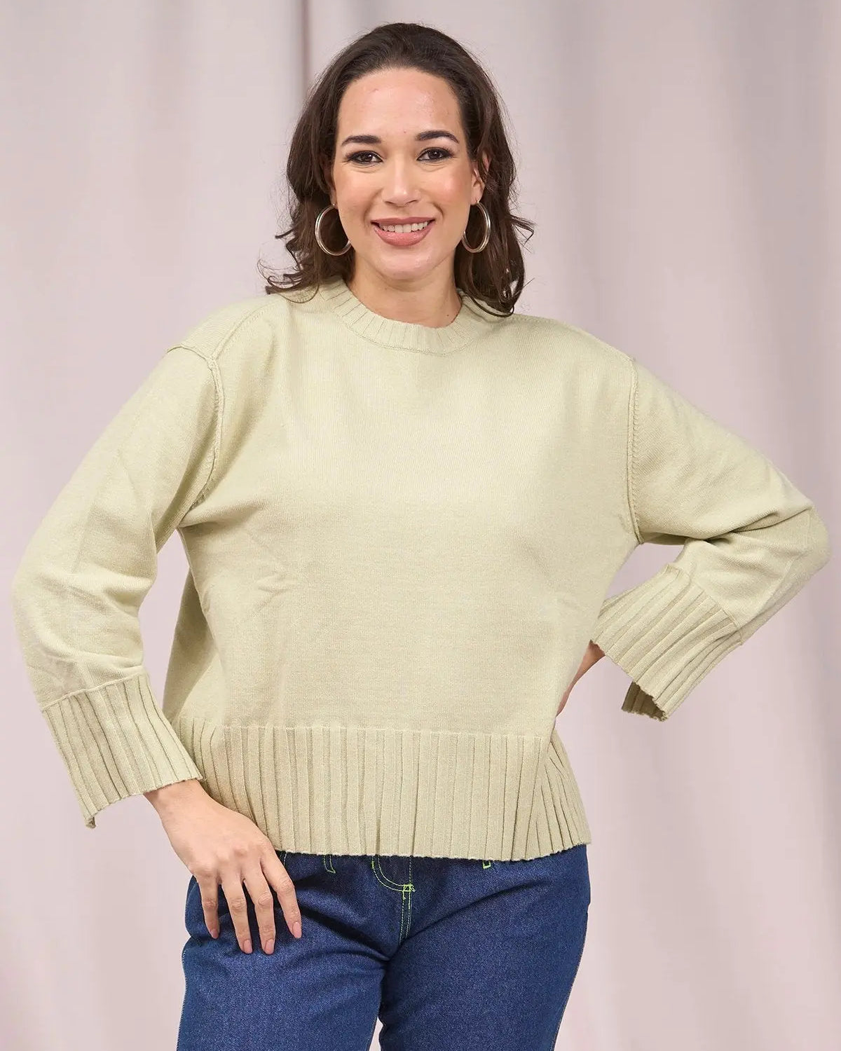 Maglia girocollo con bordi a costine larghe VERDE IRONICA