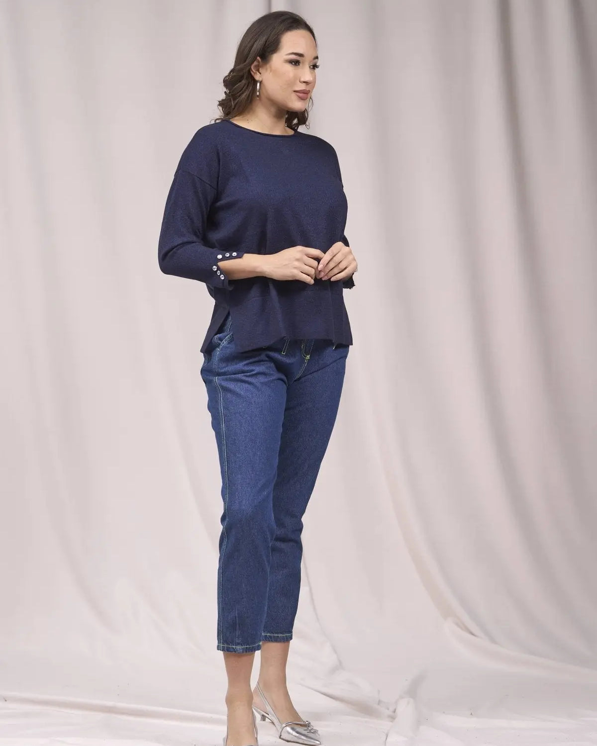 Maglia girocollo con bottoni e costine al fondo BLUE NAVY IRONICA