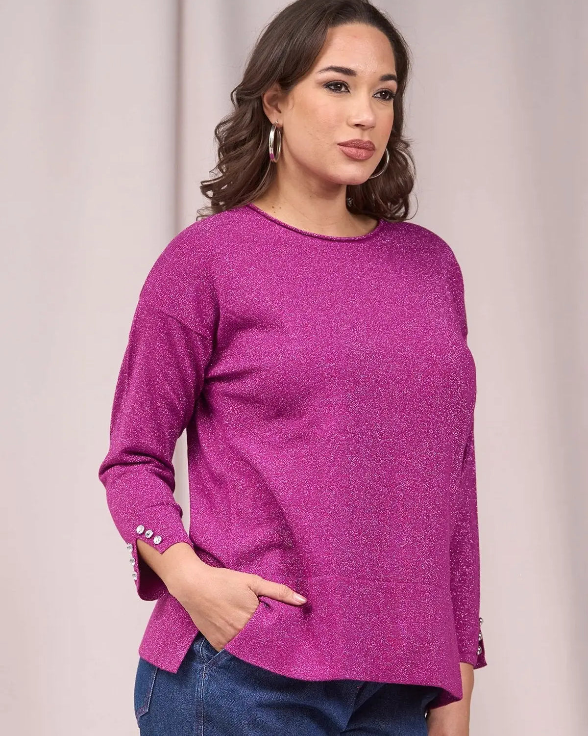 Maglia girocollo con bottoni e costine al fondo MAGENTA IRONICA