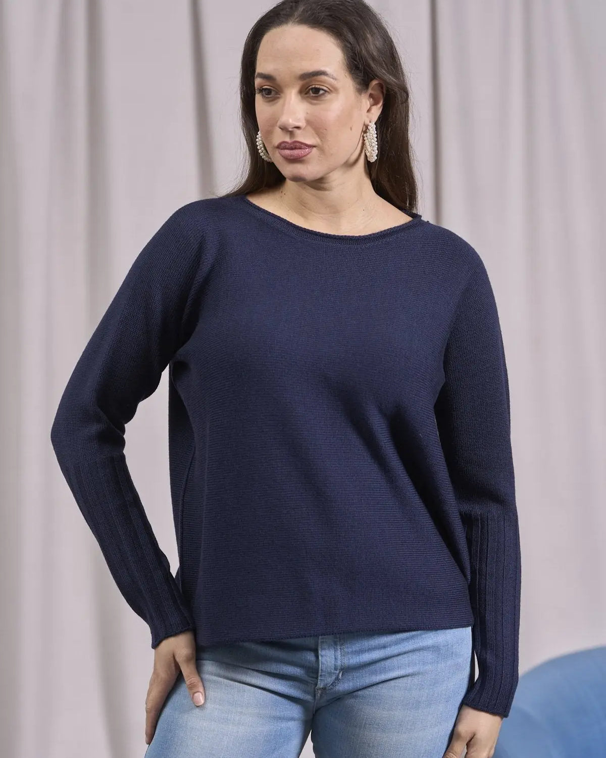 Maglia girocollo con coste alte alle maniche BLU IRONICA