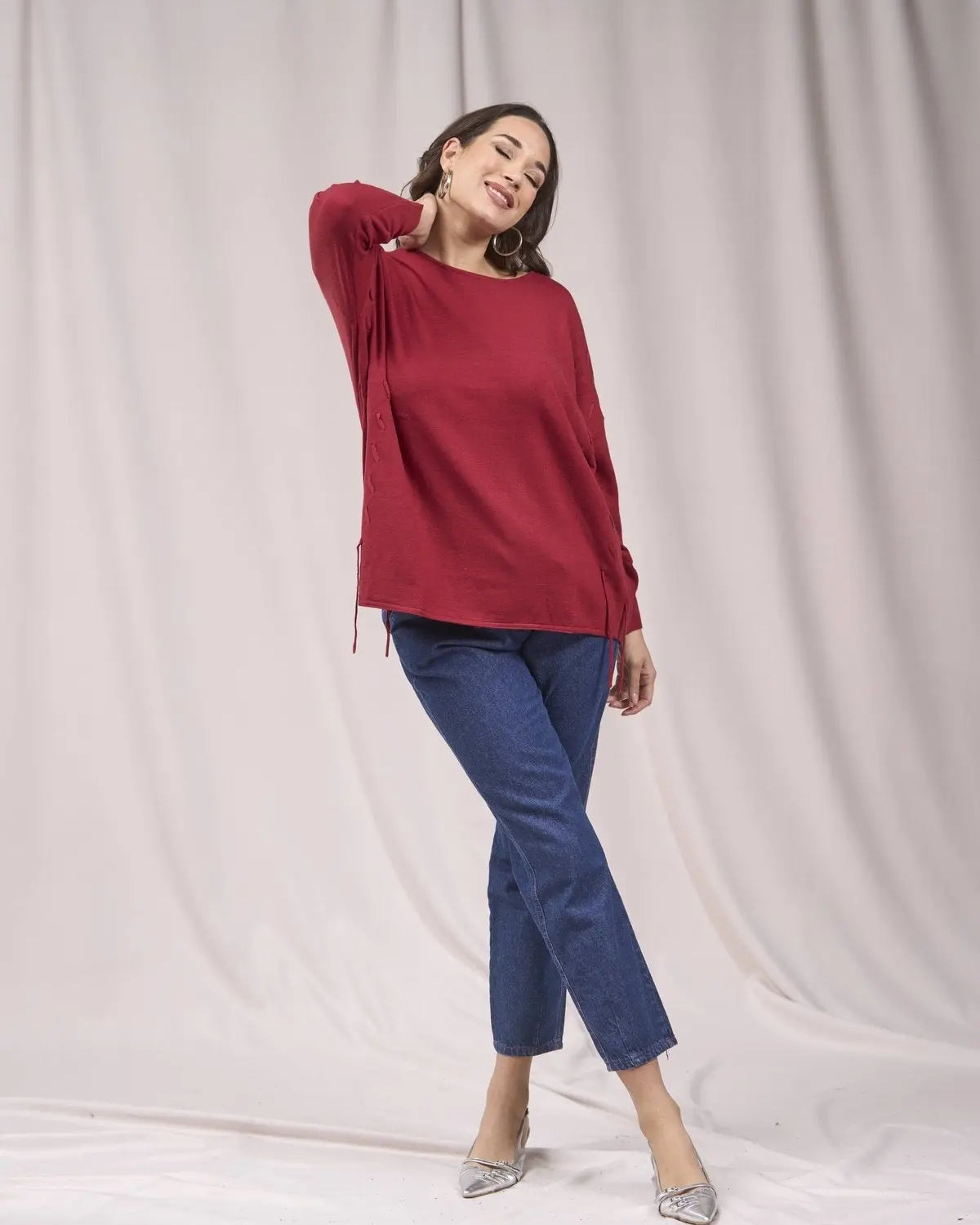 Maglia girocollo con intrecci frontali ROSSO IRONICA