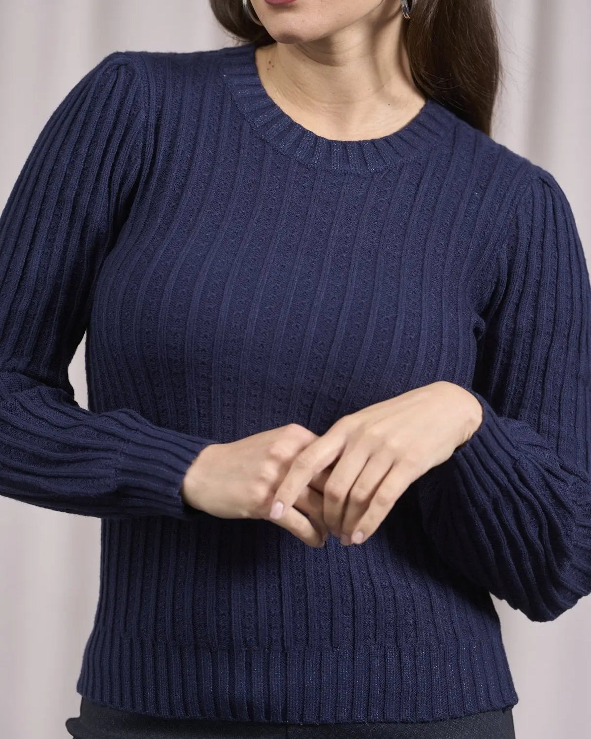 Maglia girocollo con motivo a coste e lurex BLU DORABELLA XL