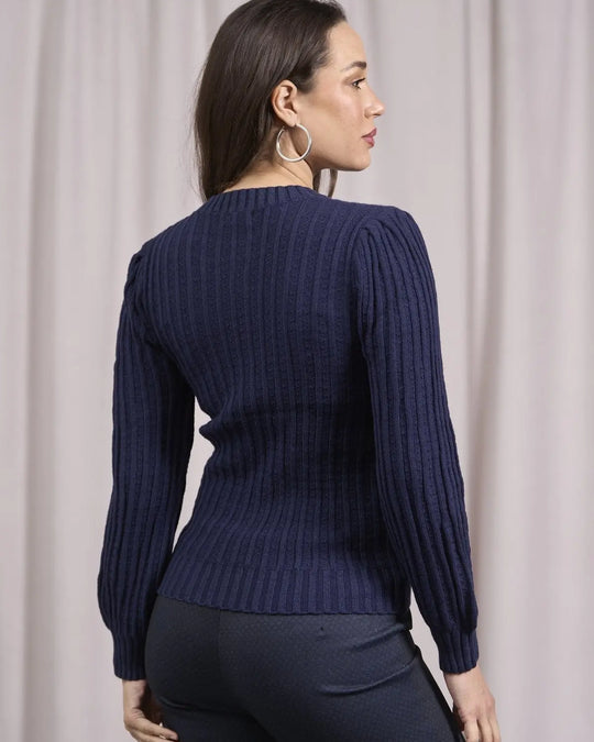 Maglia girocollo con motivo a coste e lurex BLU DORABELLA