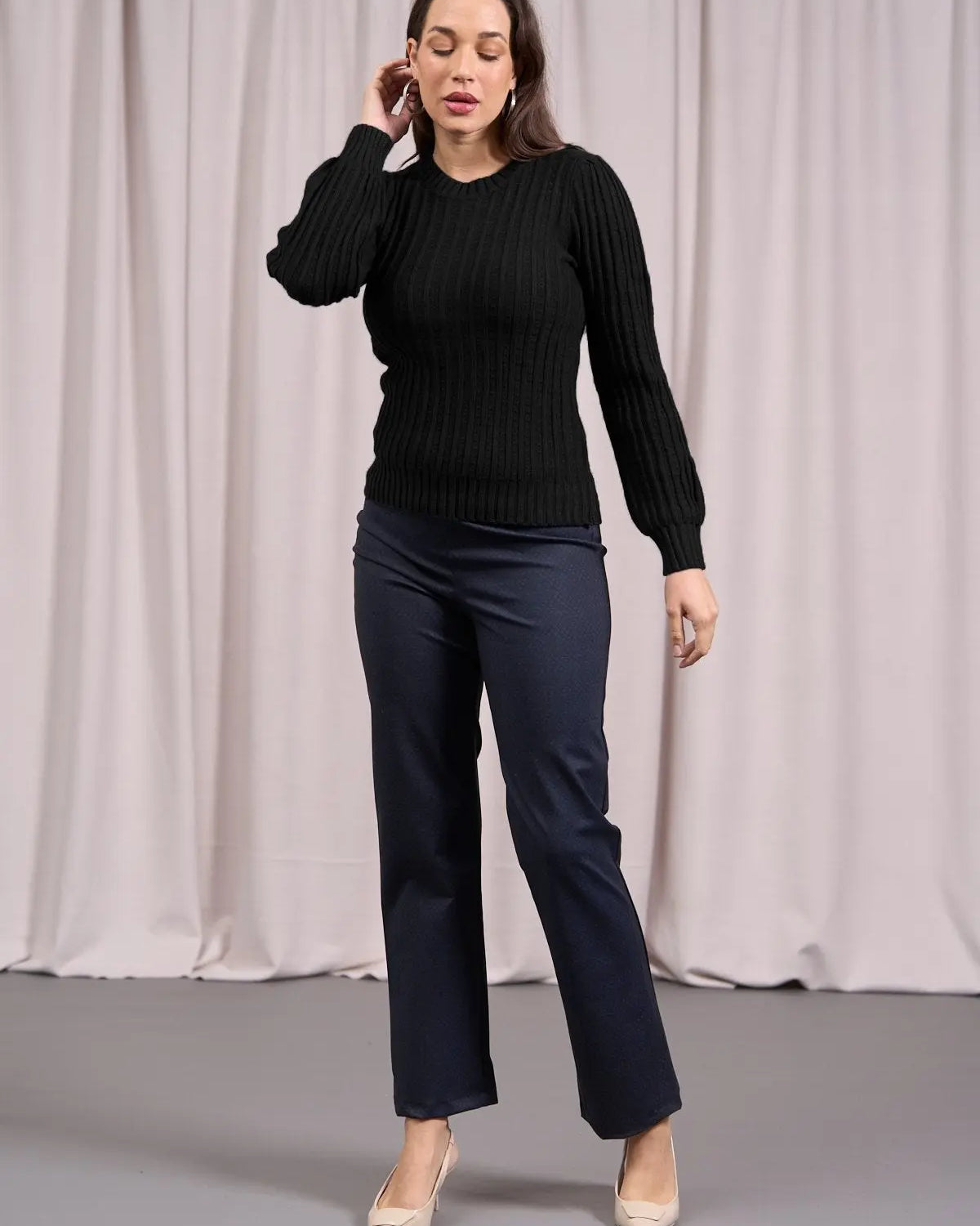 Maglia girocollo con motivo a coste e lurex NERO DORABELLA