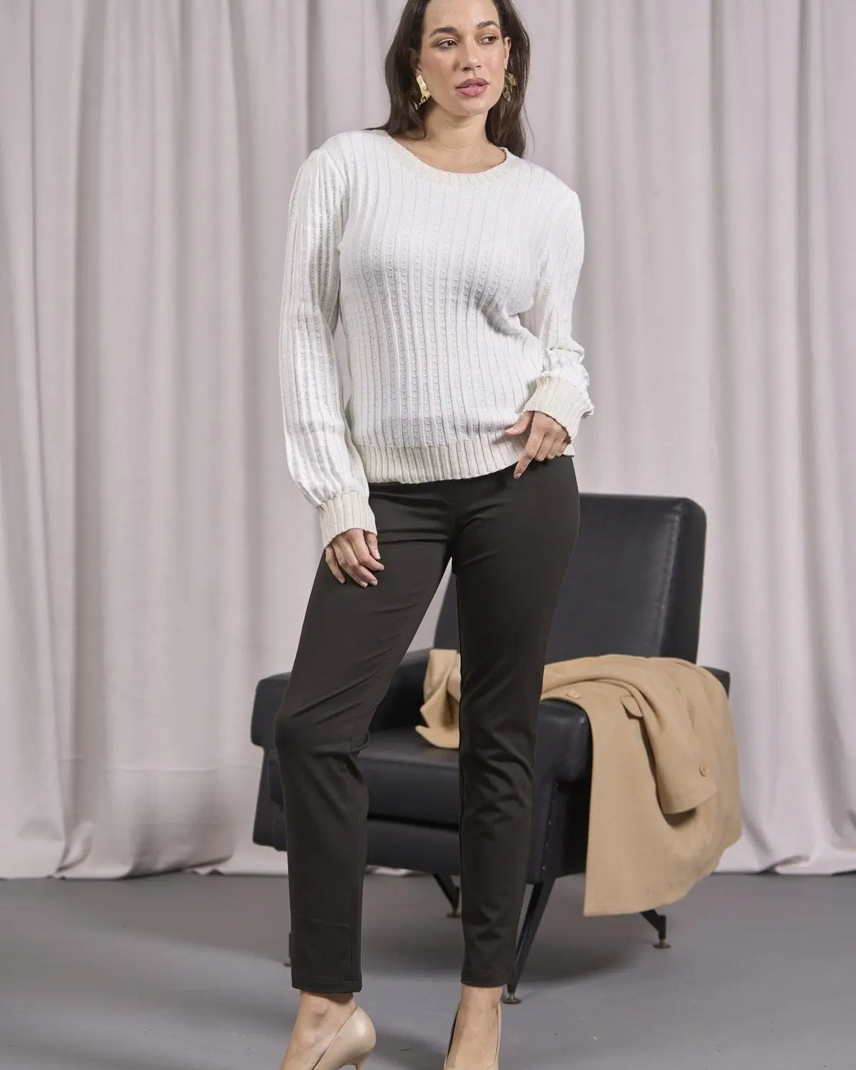 Maglia girocollo con motivo a coste e lurex PANNA DORABELLA