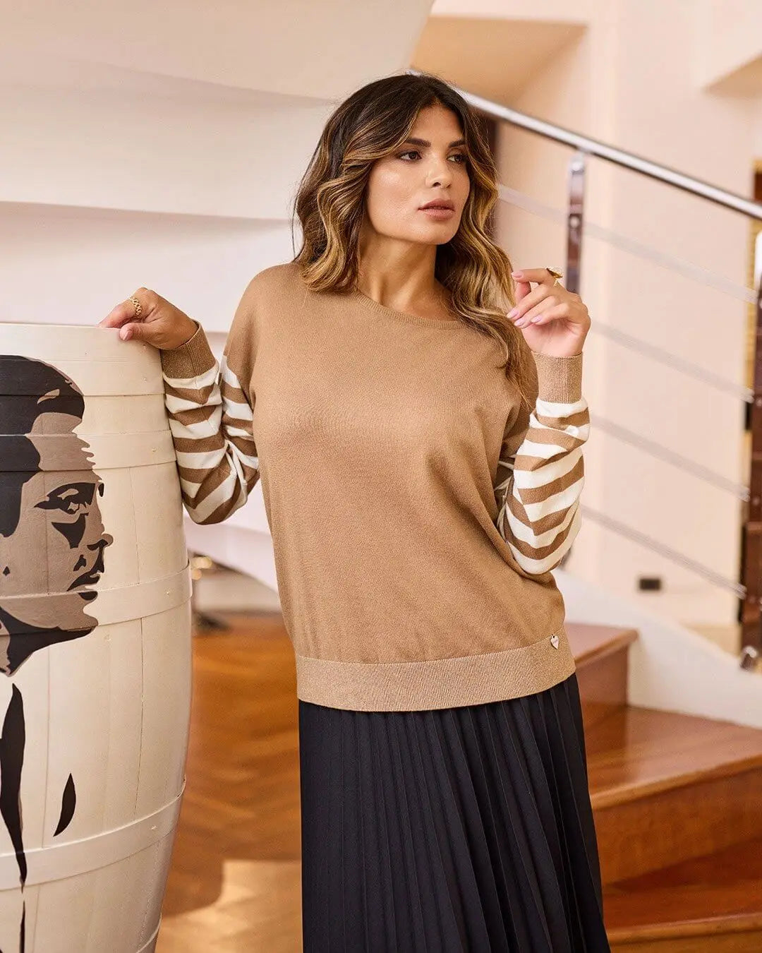 Maglia girocollo con motivo a righe e inserti in lurex CAMMELLO DORABELLA XL