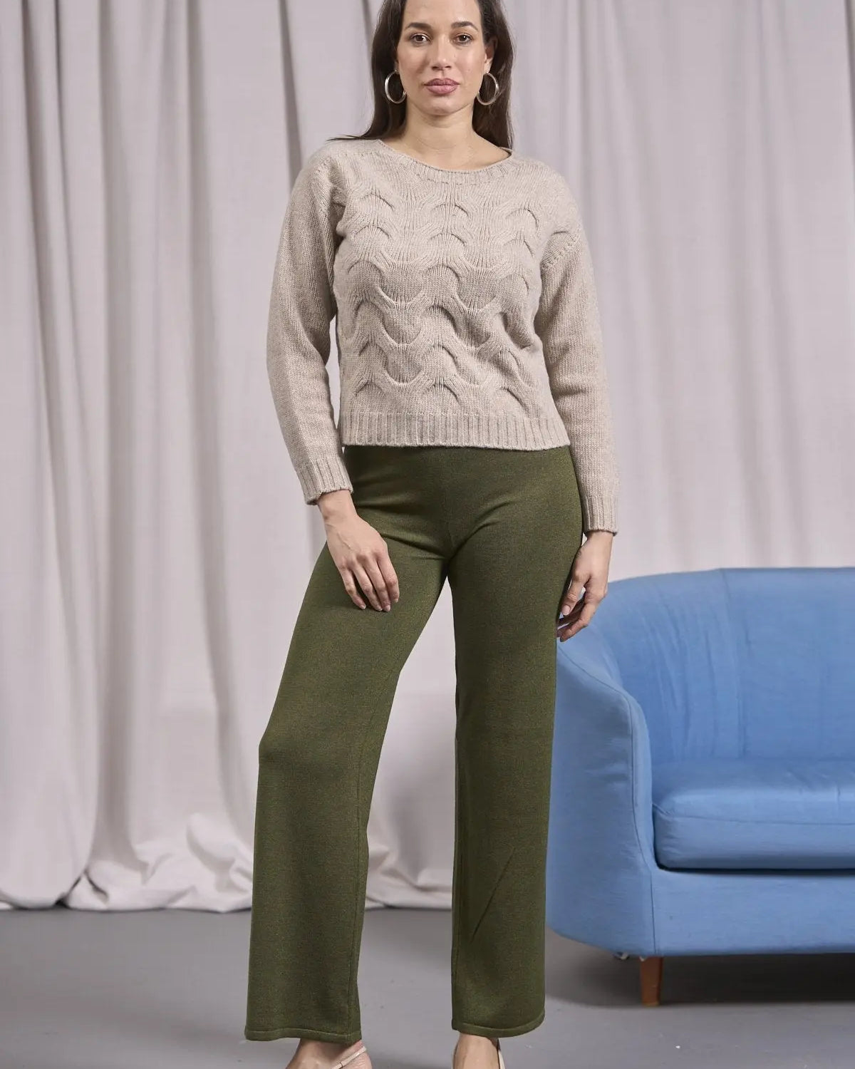 Maglia girocollo con motivo a treccia ondulata BEIGE IRONICA