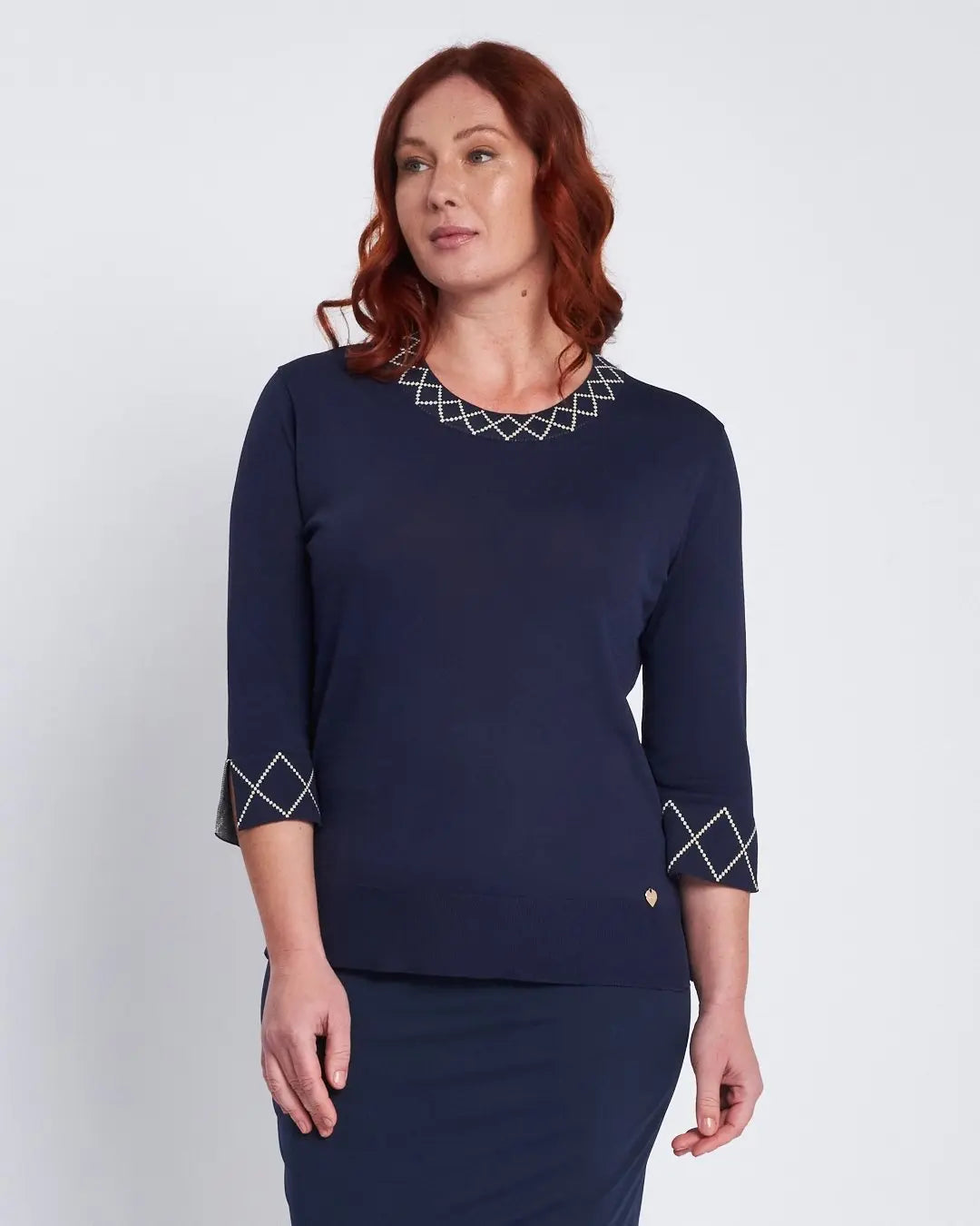 Maglia girocollo con ricami a rombo ai bordi BLU DORABELLA PIU' XXXL-49