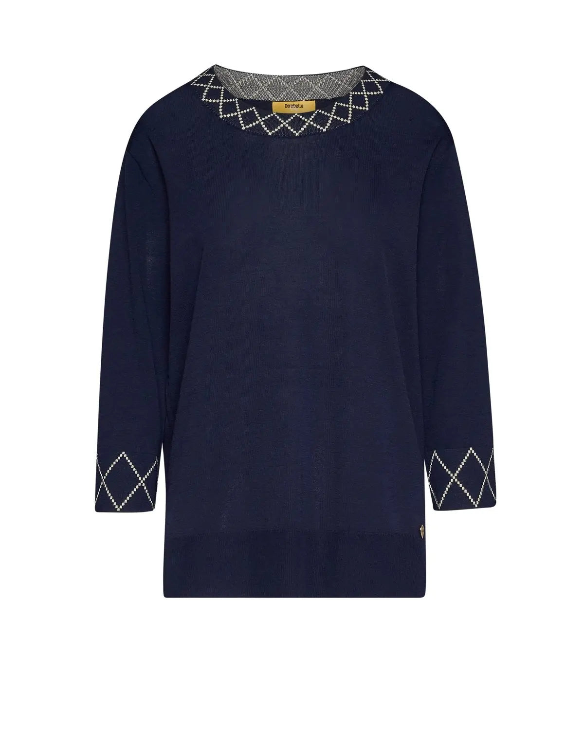 Maglia girocollo con ricami a rombo ai bordi BLU DORABELLA PIU'