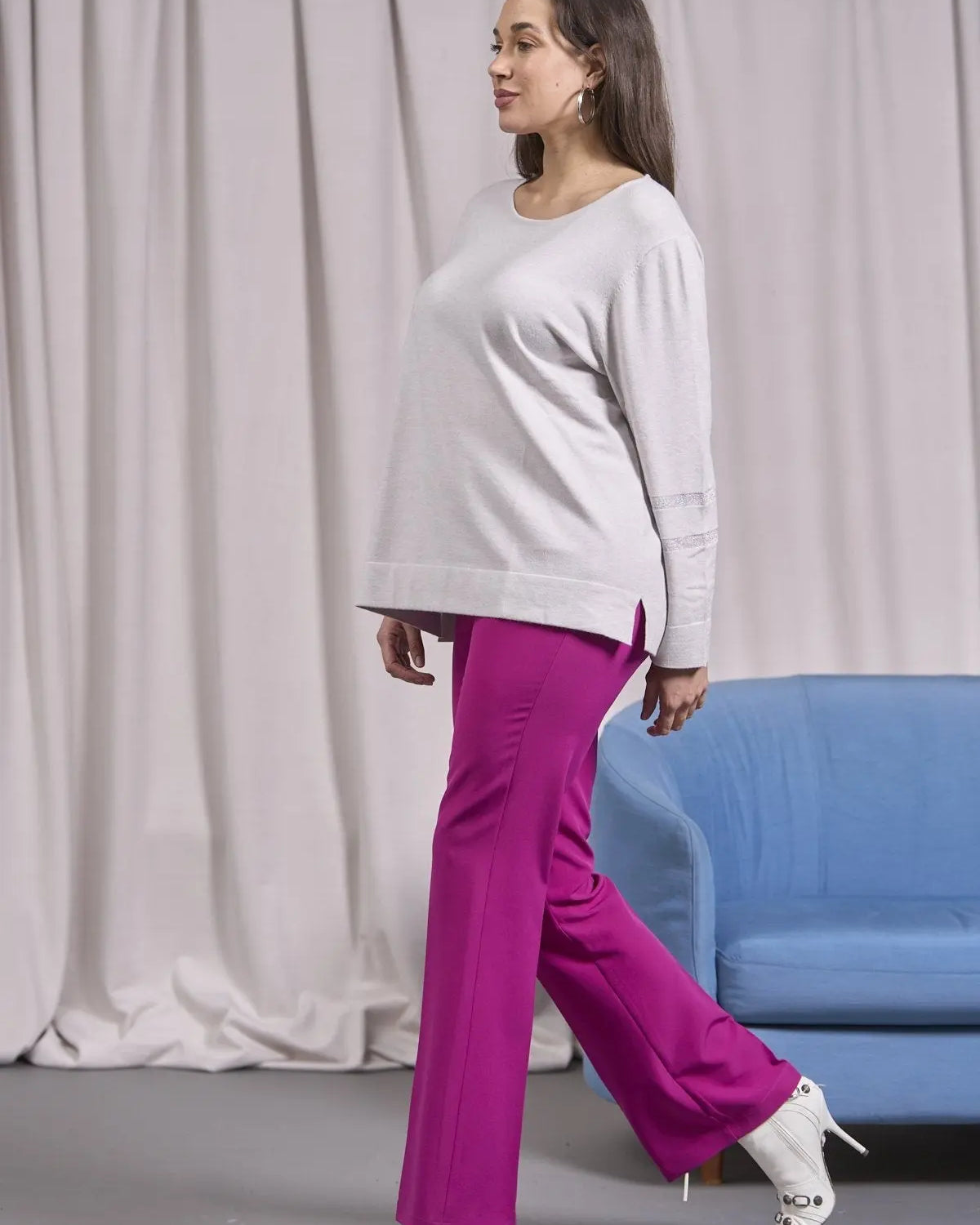 Maglia girocollo con spacchi e inserti in lurex GRIGIO PERLA IRONICA