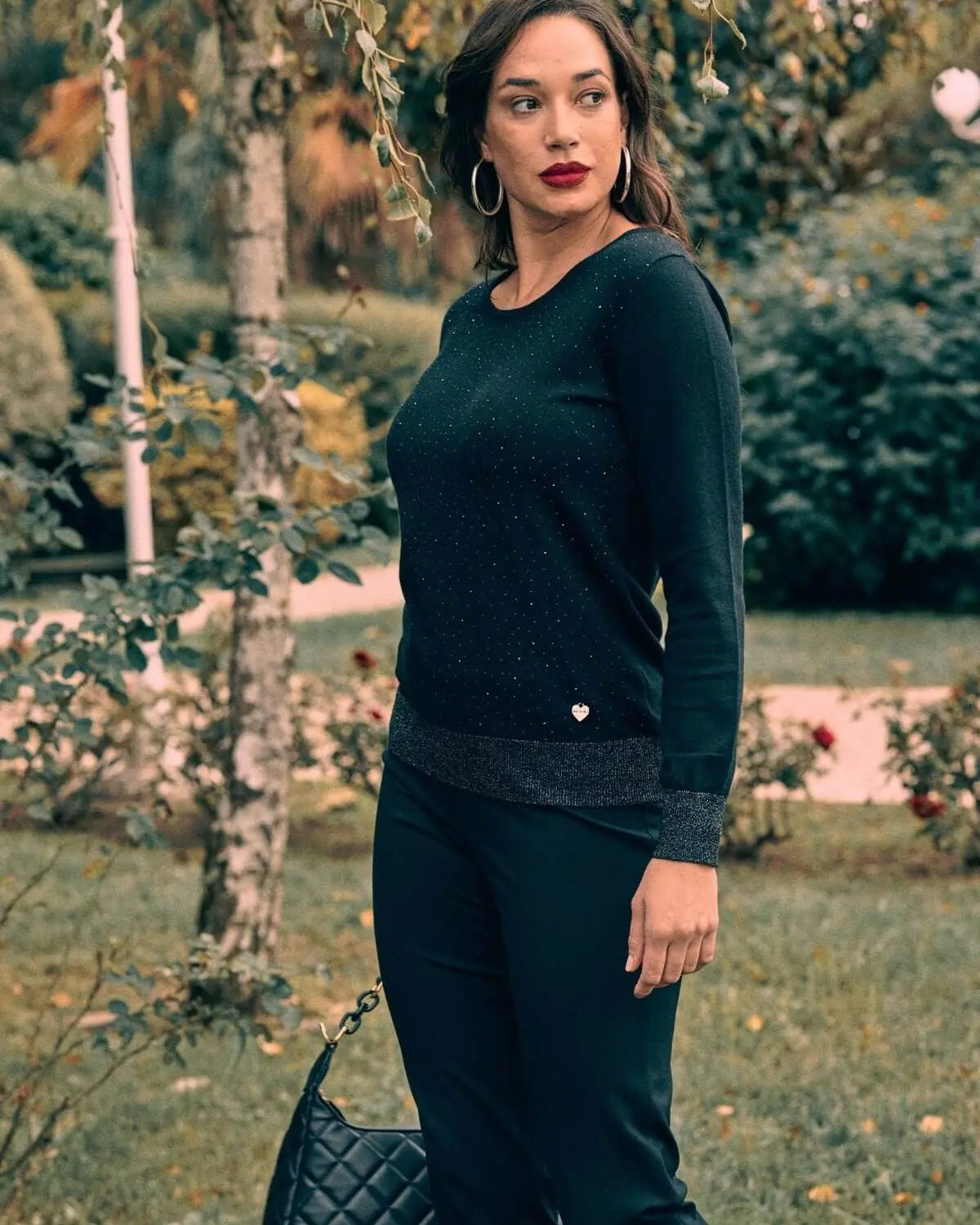 Maglia girocollo con strass e dettagli lurex NERO DORABELLA