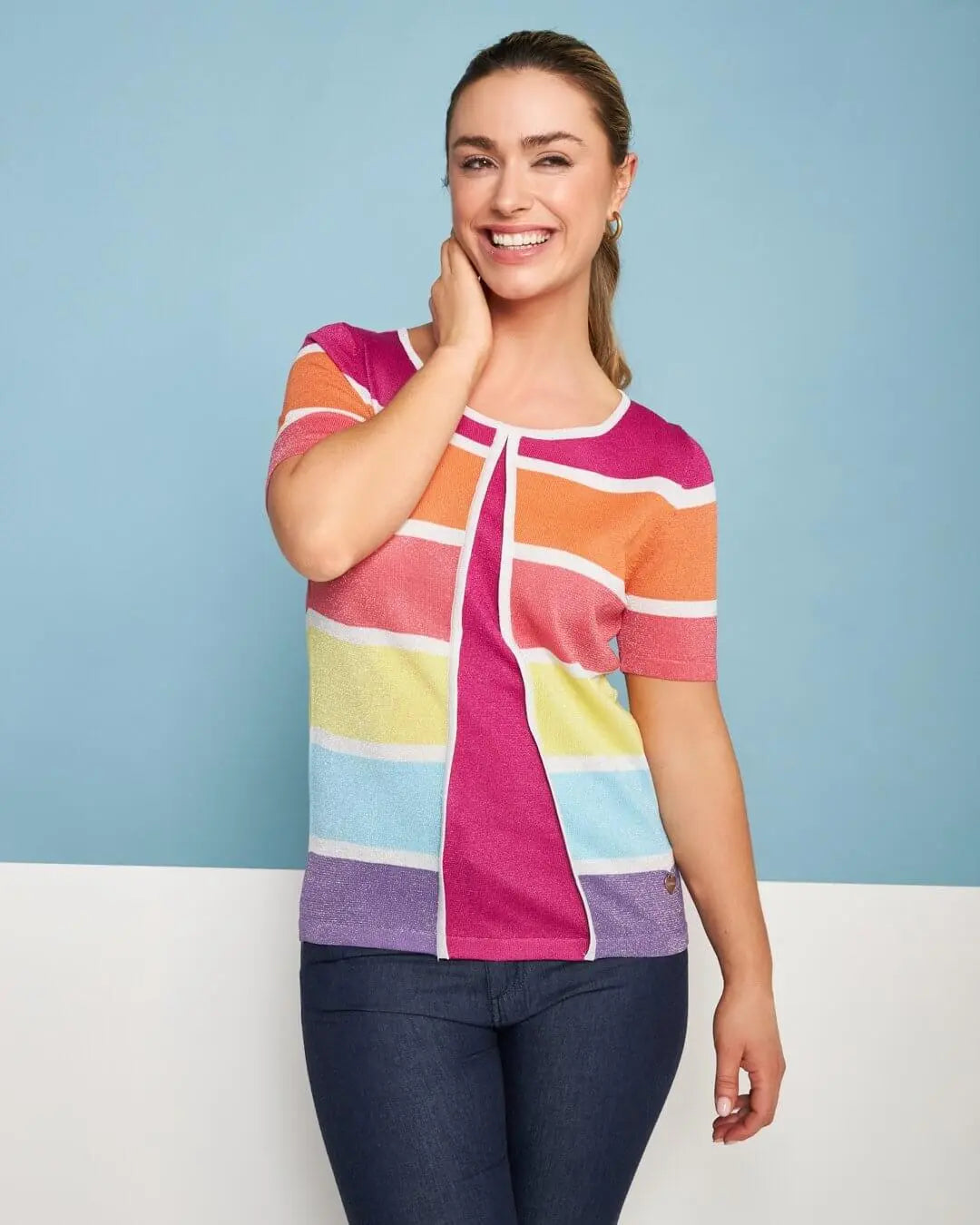 Maglia girocollo finto twin set in filato di misto viscosa a righe lurex MULTICOLOR DORABELLA XL