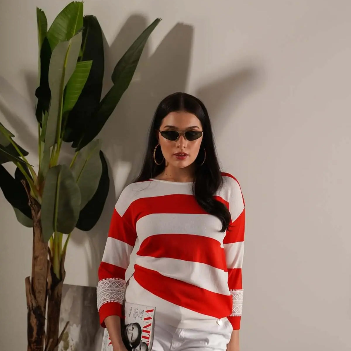 Maglia girocollo in filato a righe di misto viscosa con dettagli in pizzo PAPAVERO DORABELLA