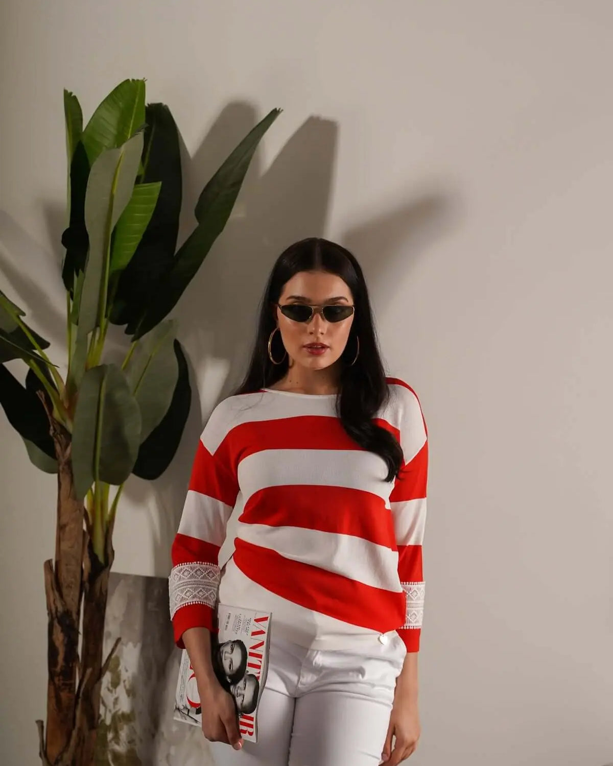 Maglia girocollo in filato a righe di misto viscosa con dettagli in pizzo PAPAVERO DORABELLA