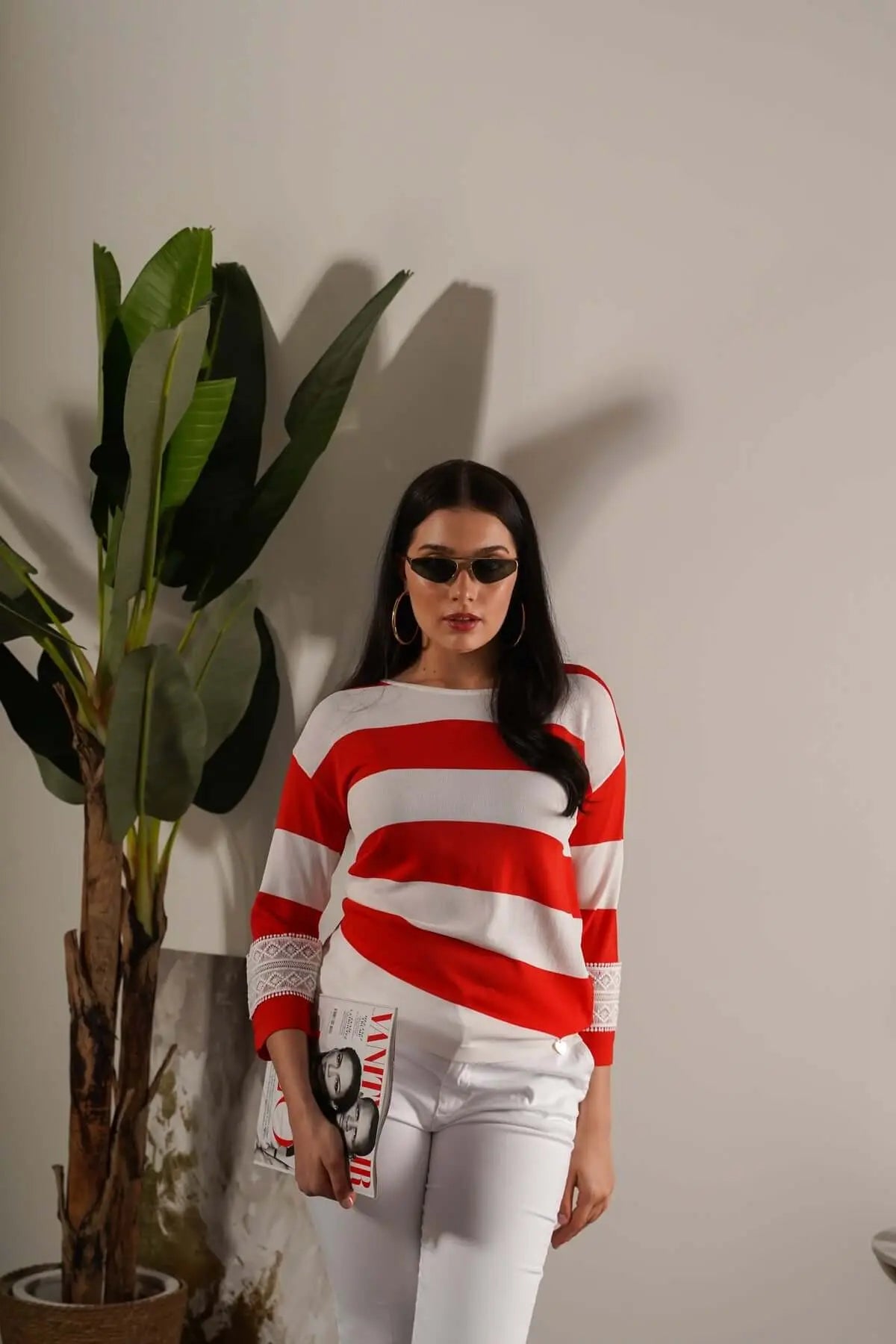 Maglia girocollo in filato a righe di misto viscosa con dettagli in pizzo PAPAVERO DORABELLA