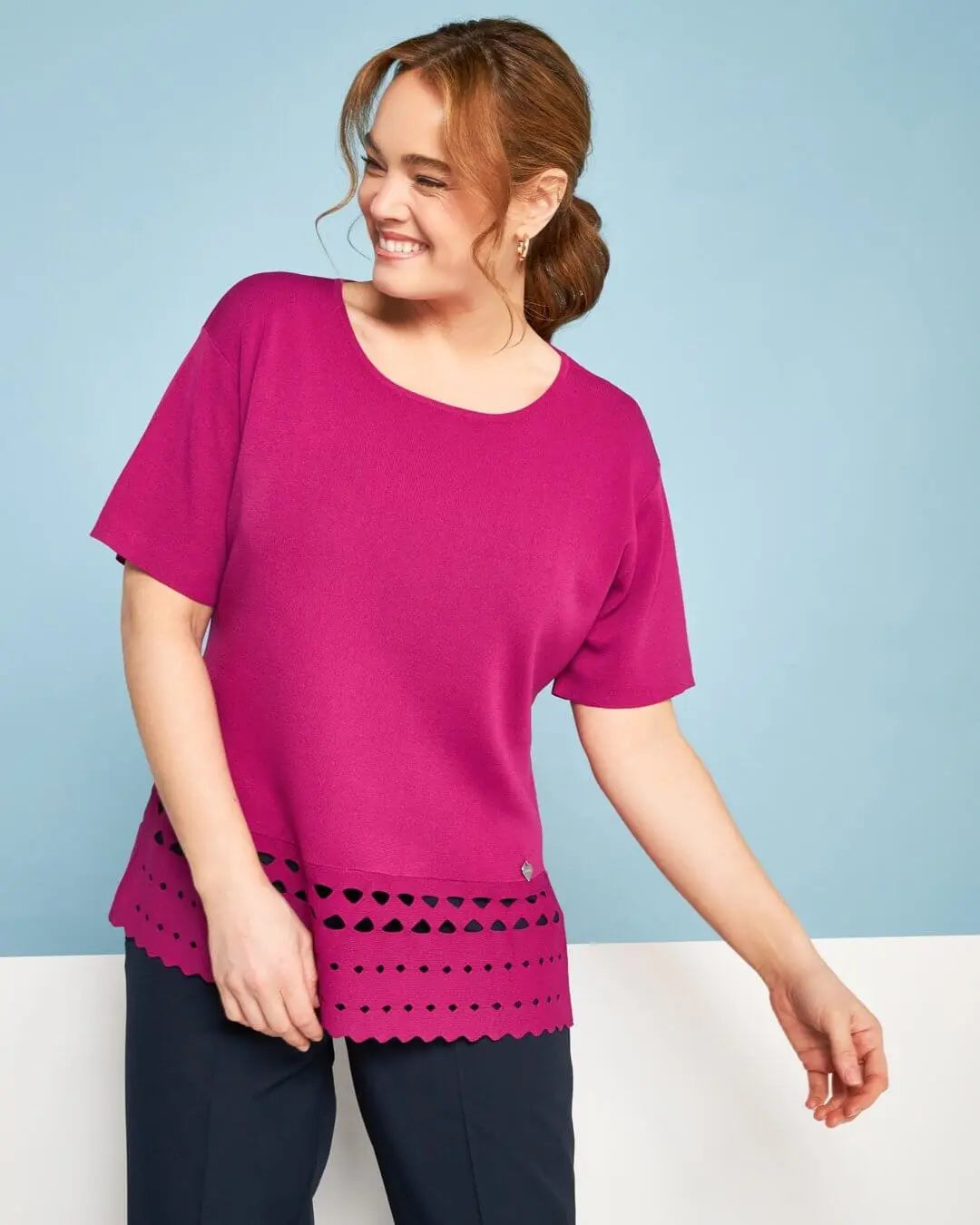 Maglia girocollo in filato di misto viscosa con intagli sul fondo SUMMER PURPLE DORABELLA PIU' XXL