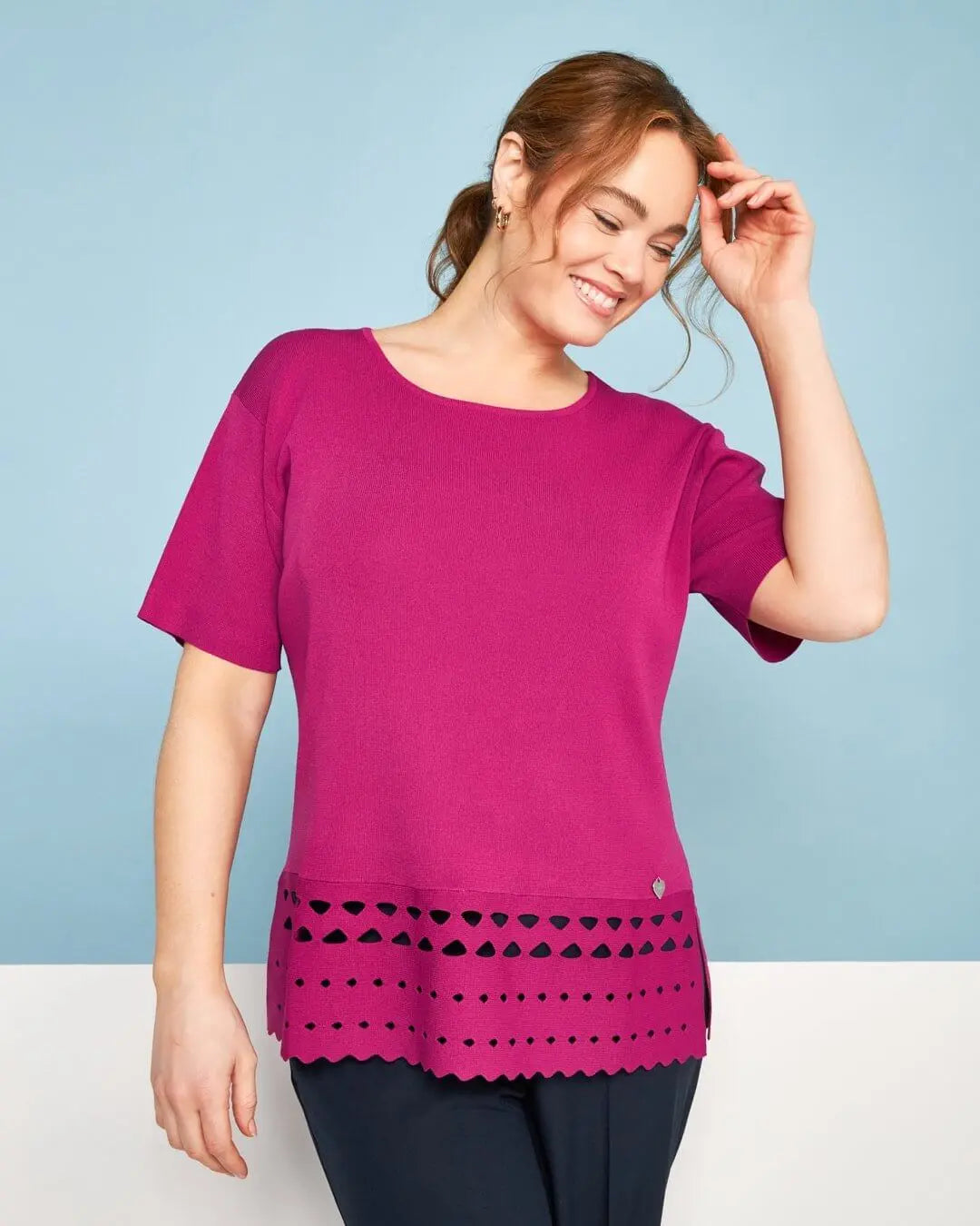 Maglia girocollo in filato di misto viscosa con intagli sul fondo SUMMER PURPLE DORABELLA PIU'