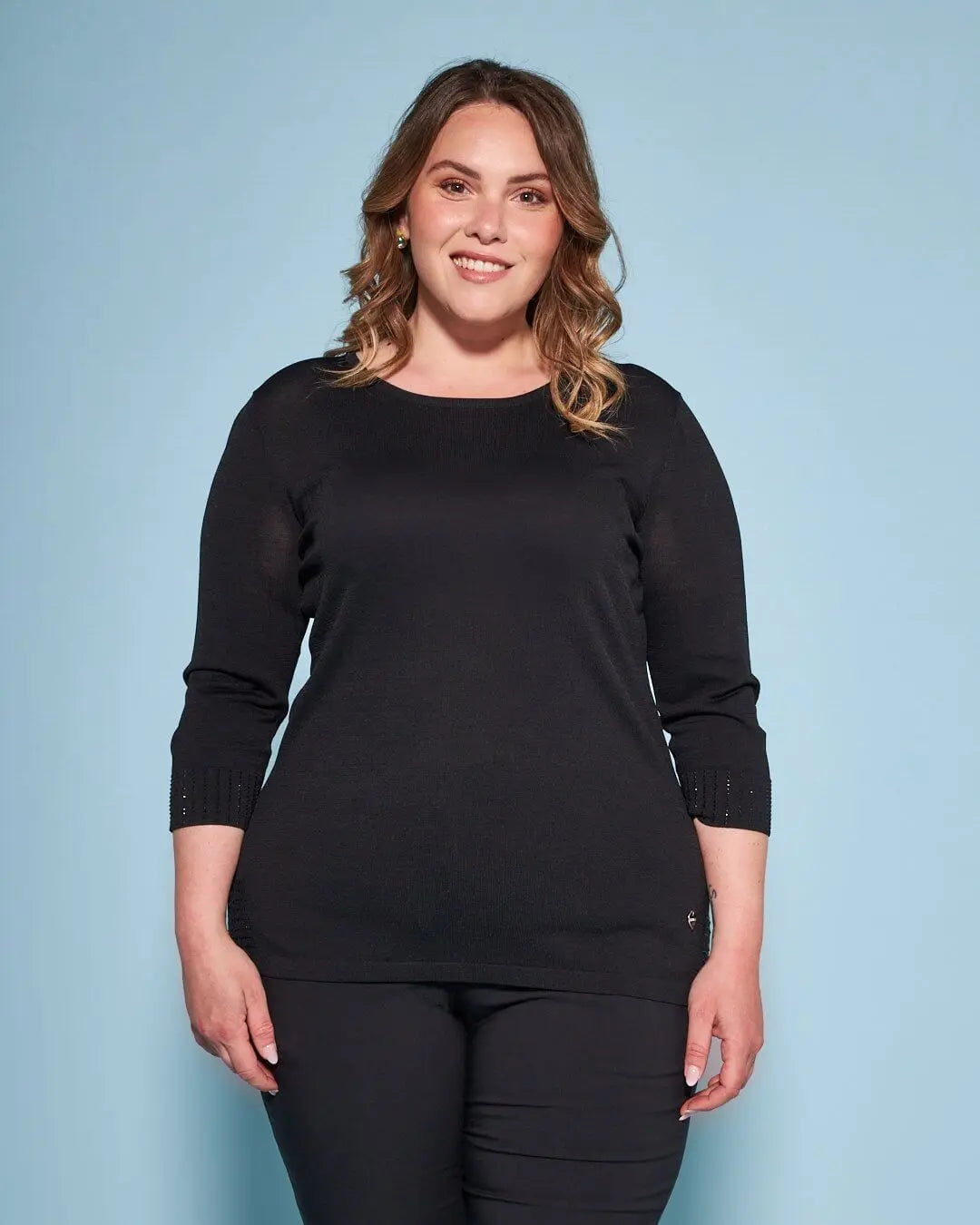 Maglia girocollo in filato di misto viscosa con strass NERO DORABELLA PIU'