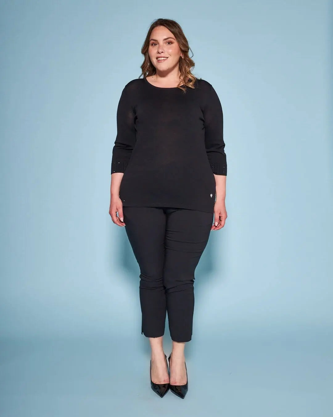 Maglia girocollo in filato di misto viscosa con strass NERO DORABELLA PIU'