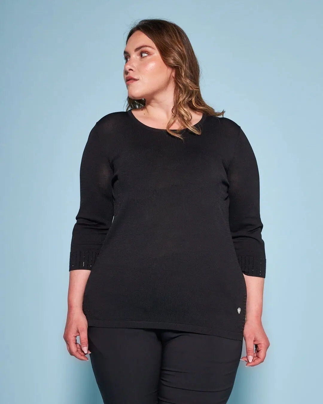 Maglia girocollo in filato di misto viscosa con strass NERO DORABELLA PIU'