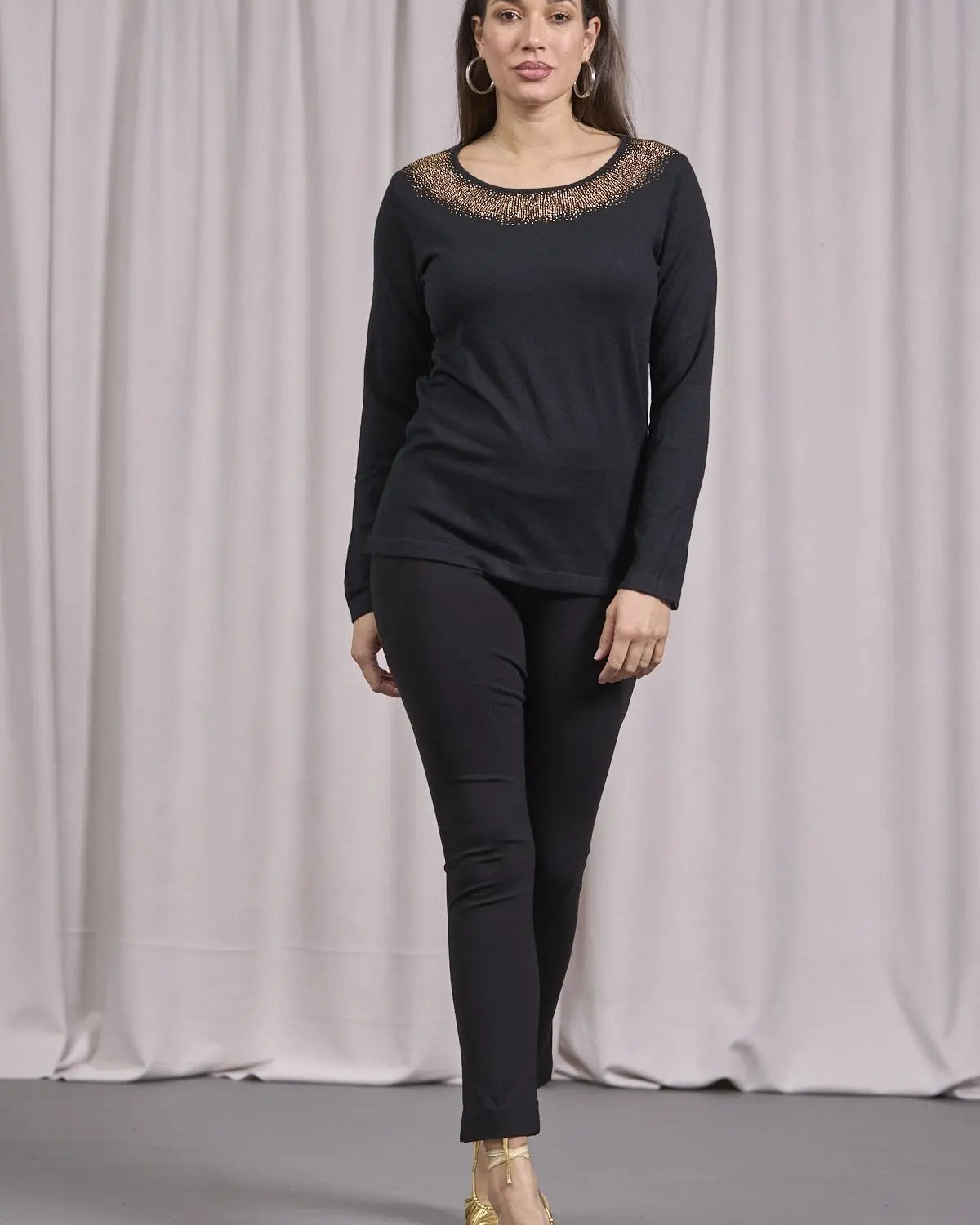 Maglia girocollo in lurex con polsi e bottoni NERO DORABELLA