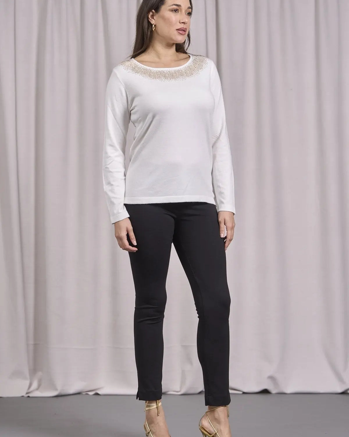 Maglia girocollo in lurex con polsi e bottoni PANNA DORABELLA