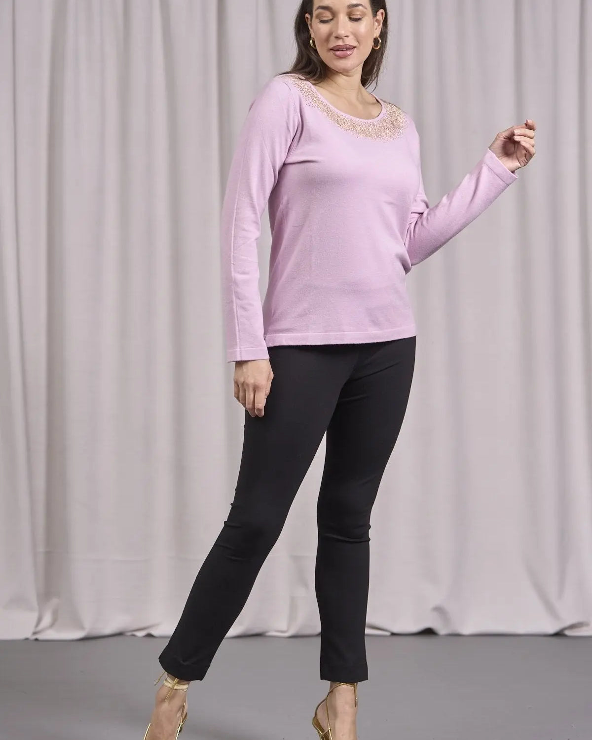 Maglia girocollo in lurex con polsi e bottoni ROSA DORABELLA