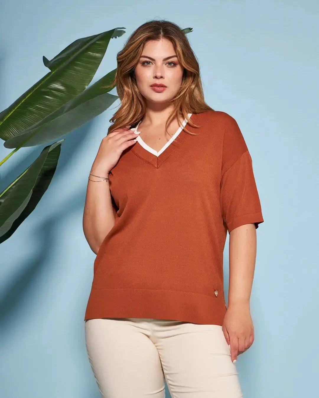 Maglia in filato di misto viscosa tinta unita con scollo a V bi-colore SAFARI DORABELLA