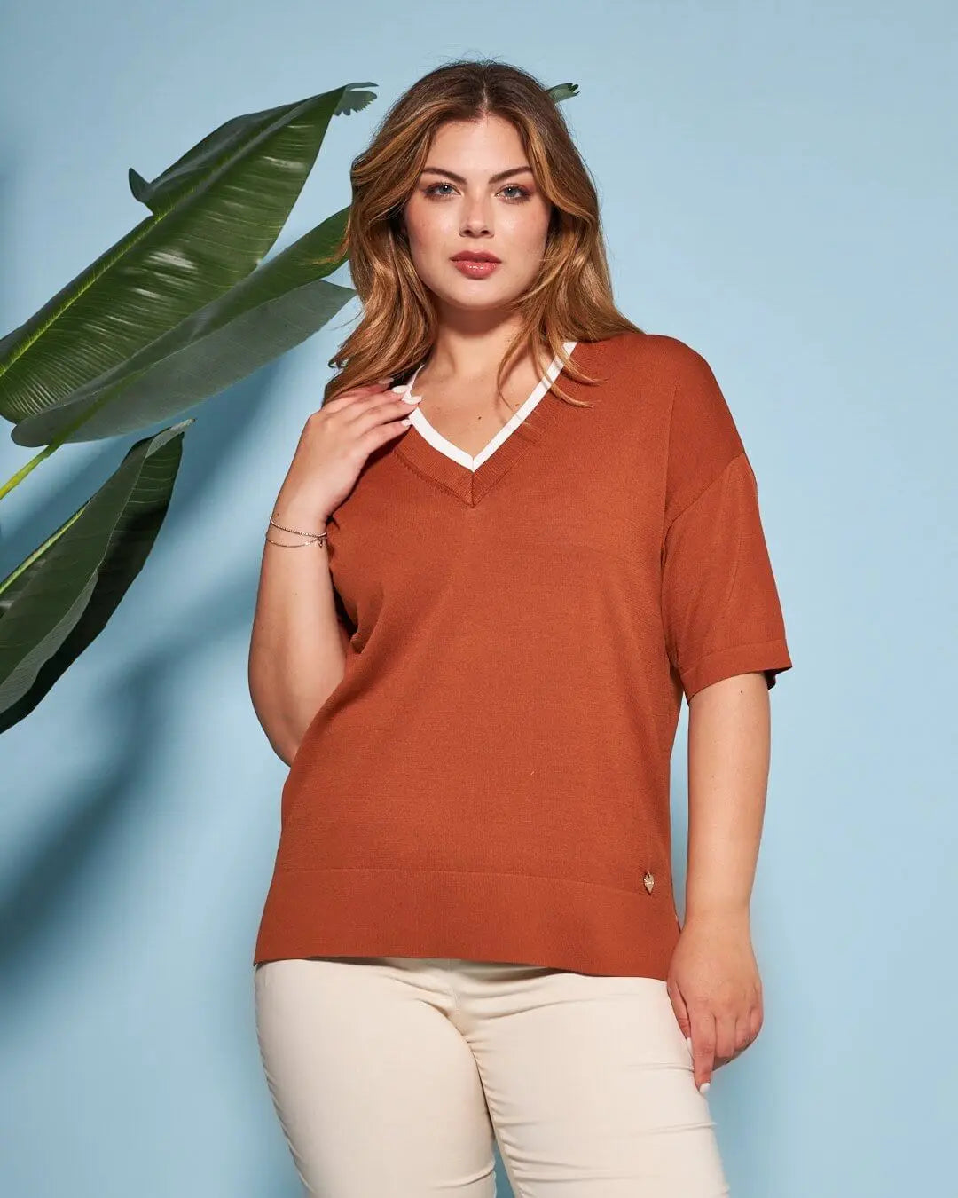 Maglia in filato di misto viscosa tinta unita con scollo a V bi-colore SAFARI DORABELLA