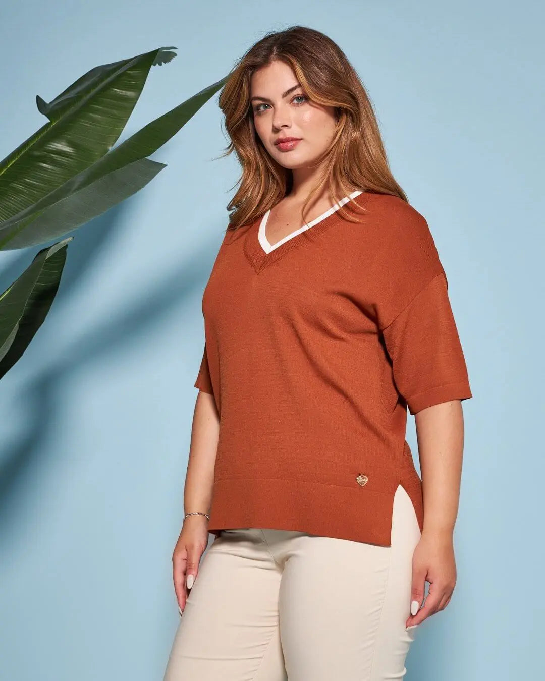 Maglia in filato di misto viscosa tinta unita con scollo a V bi-colore SAFARI DORABELLA