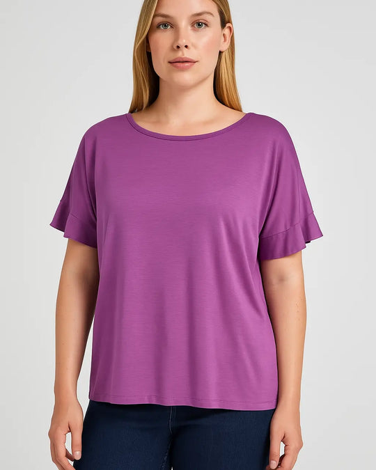 Maglia in filato di viscosa elasticizzata tinta unita con scollo rotondo e maniche kimono. VIOLA DORABELLA PIU'