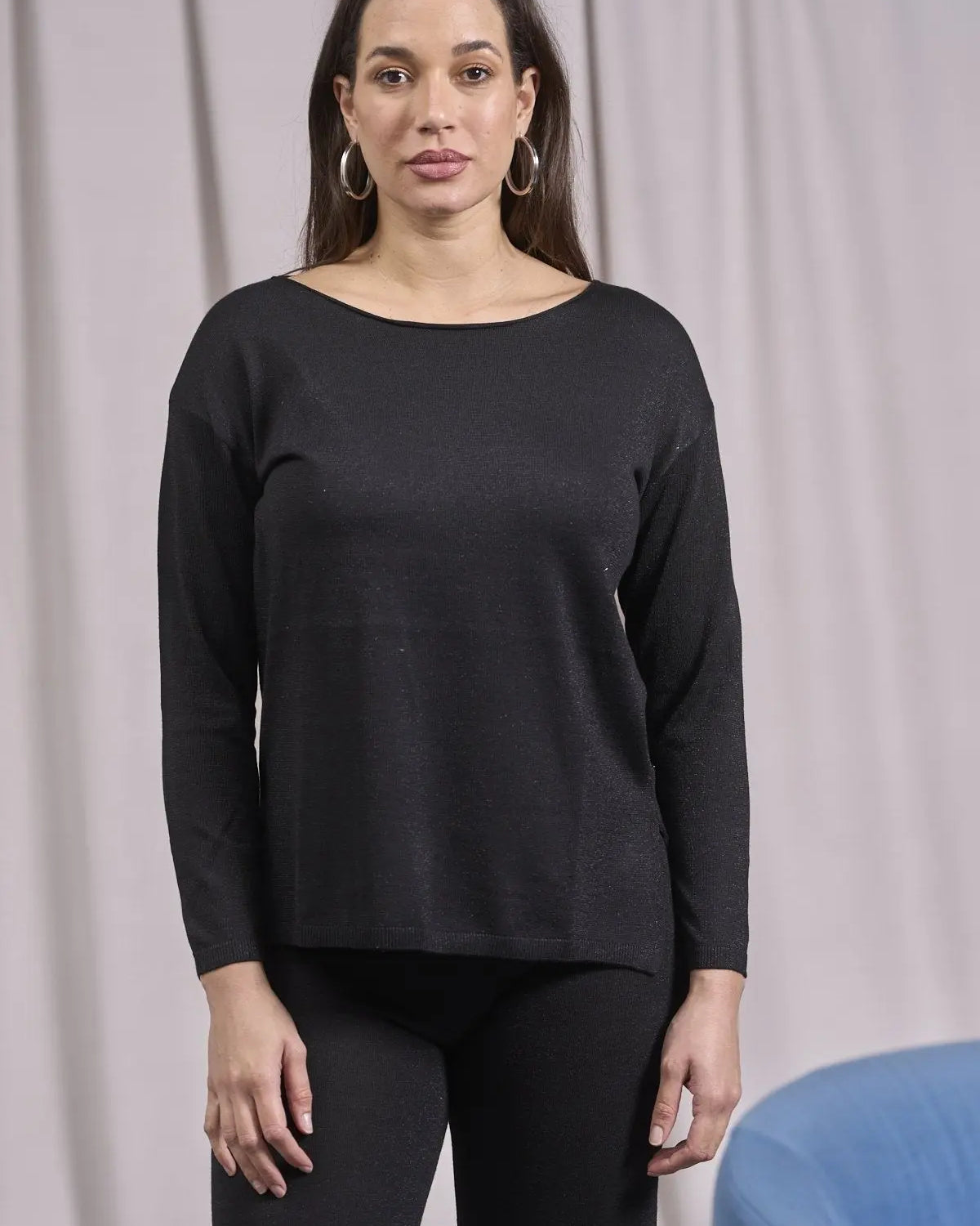 Maglia in lurex a girocollo con spacchi e costine NERO IRONICA