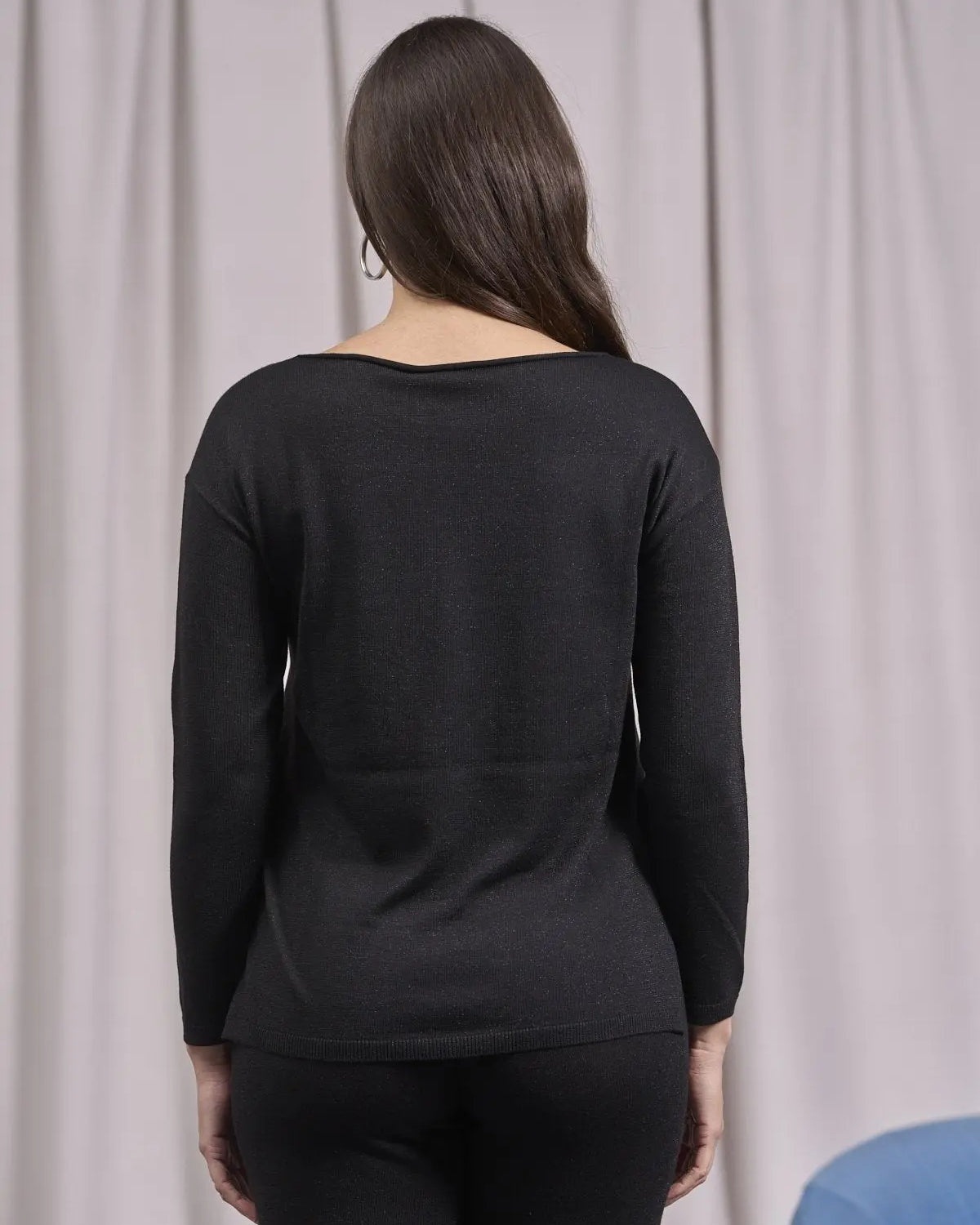 Maglia in lurex a girocollo con spacchi e costine NERO IRONICA