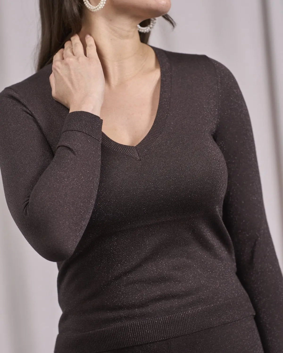 Maglia in lurex a scollo a V con costine MORO IRONICA