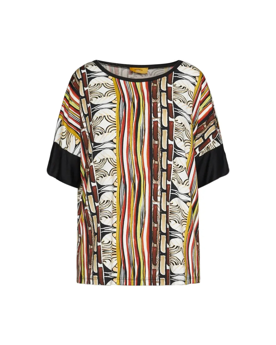 Maglia in viscosa elasticizzata con fantasia multicolore e bordi tinta unita sulle maniche kimono. OCRA DORABELLA PIU'