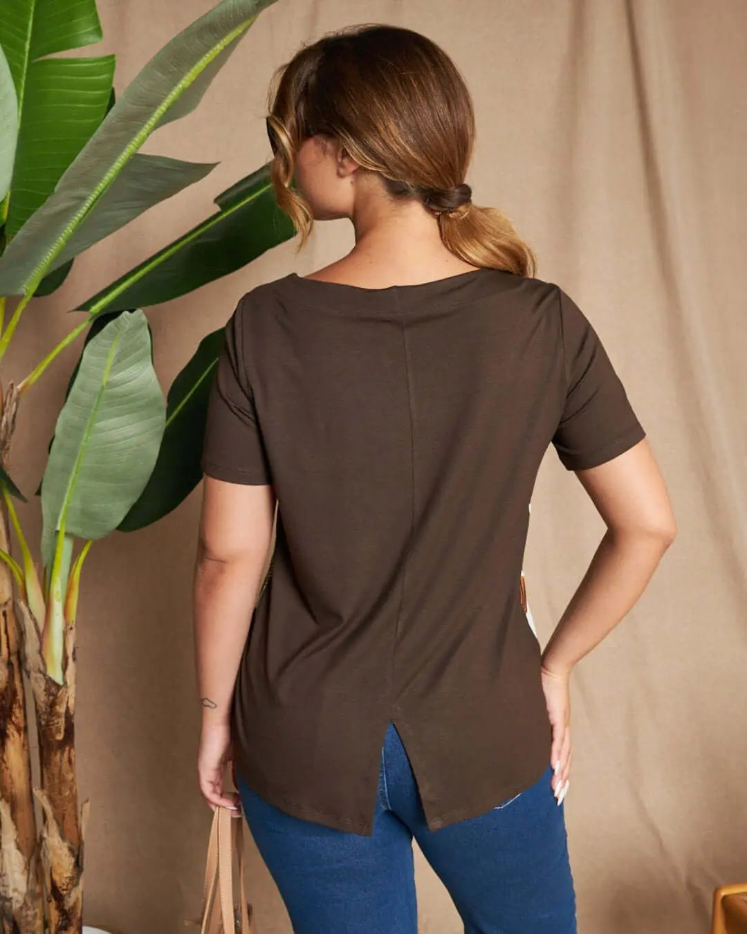 Maglia in viscosa elasticizzata tinta unita con pannello frontale a fantasia e dettaglio in metallo PANNA DORABELLA