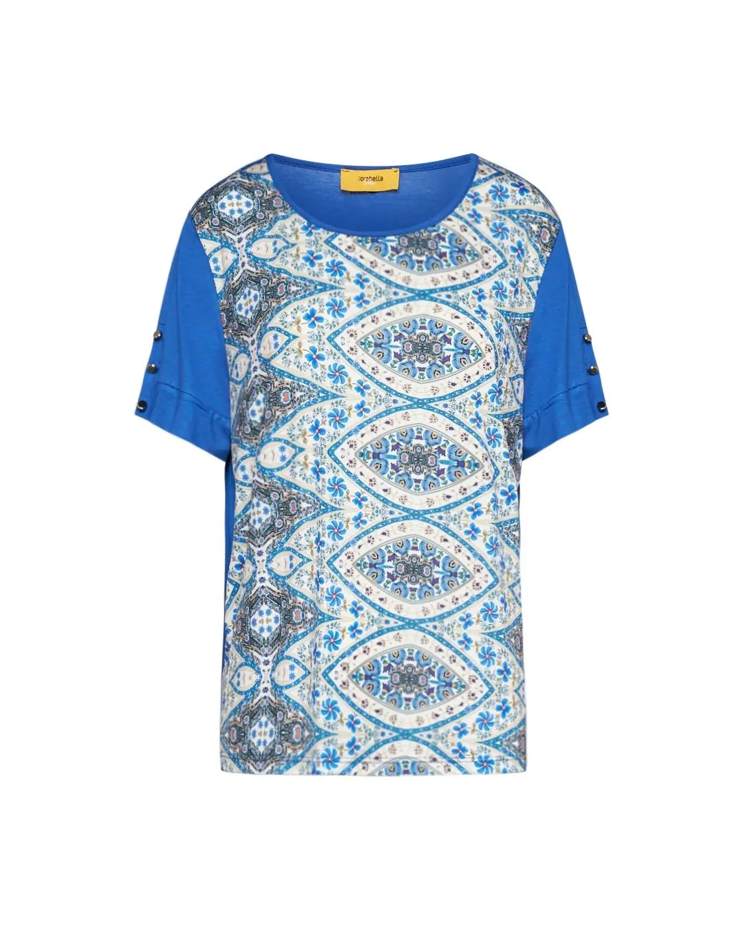 Maglia in viscosa elasticizzata tinta unita con parte frontale con fantasia multicolore e dettaglio BLUETTE DORABELLA PIU' 47
