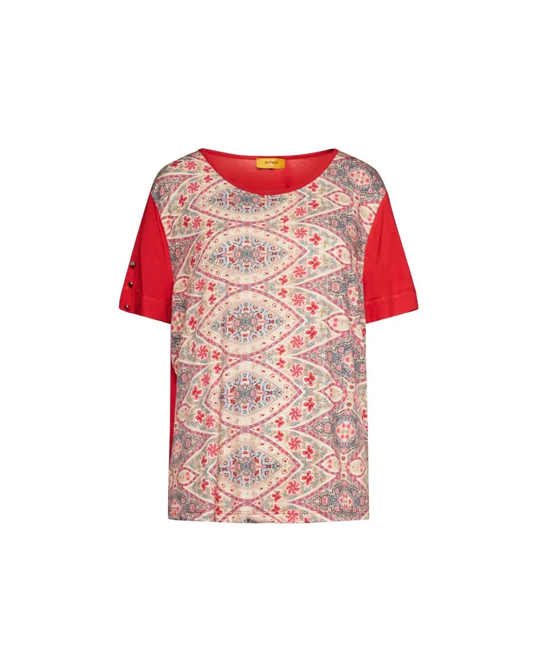 Maglia in viscosa elasticizzata tinta unita con parte frontale con fantasia multicolore e dettaglio FUXIA DORABELLA PIU' 47